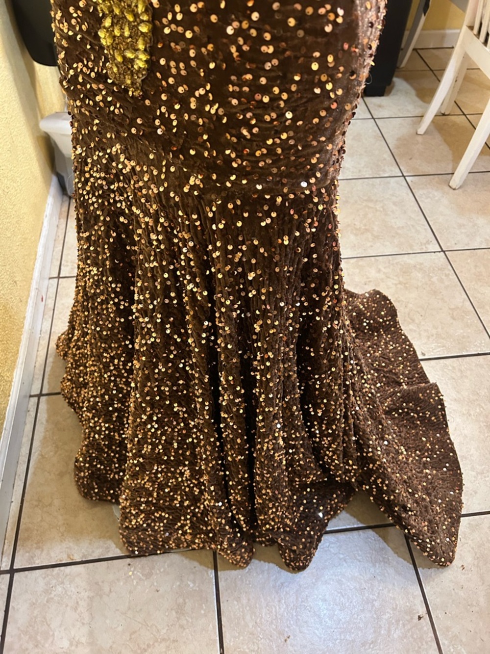 Backless Brown Sequin Evening Gown with Gold Embellishment - Picture 12 of 15